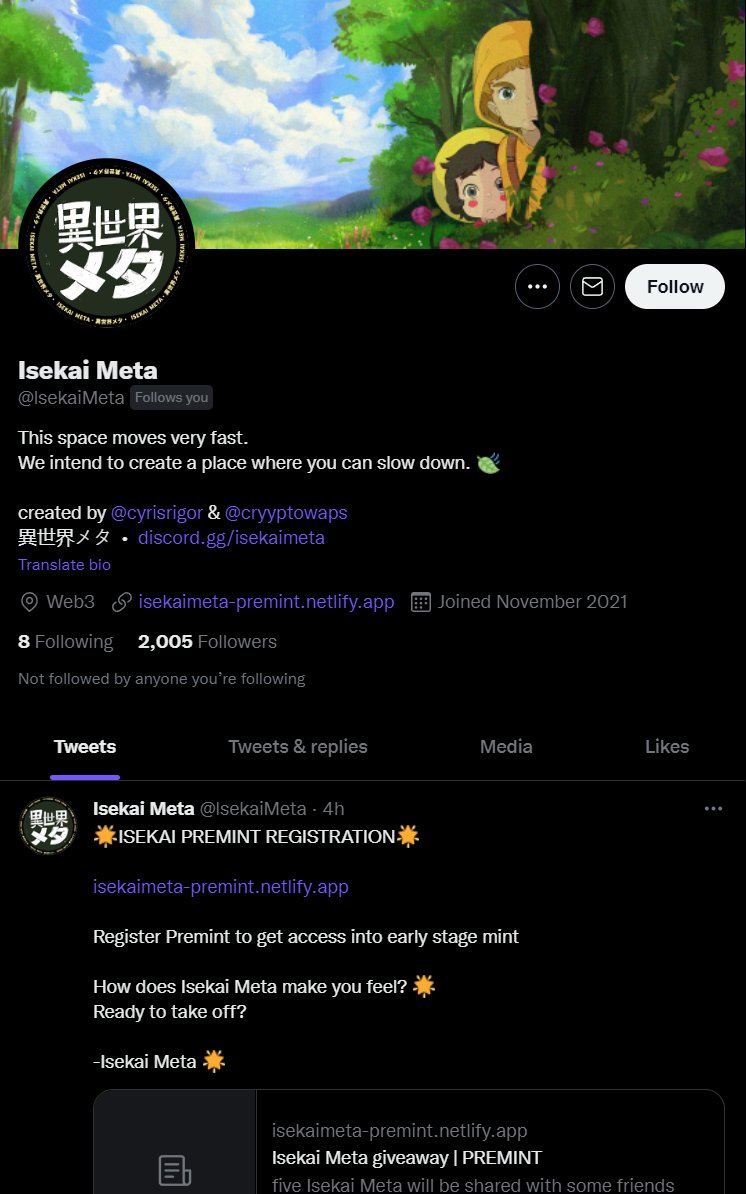 Anen0va's tweet photo. ⚠️ SCAMMER ALERT ⚠️ 

This a FAKE Isekai Meta account that is posting a FAKE PRE-MINT REGISTRATION.

DO NOT CLICK THE LINK!

We'll be cracking down on more scams closer to launch. Please be vigilant and always triple-check links that you click.

Spread awareness. https://t.co/QtTBrqrTQa