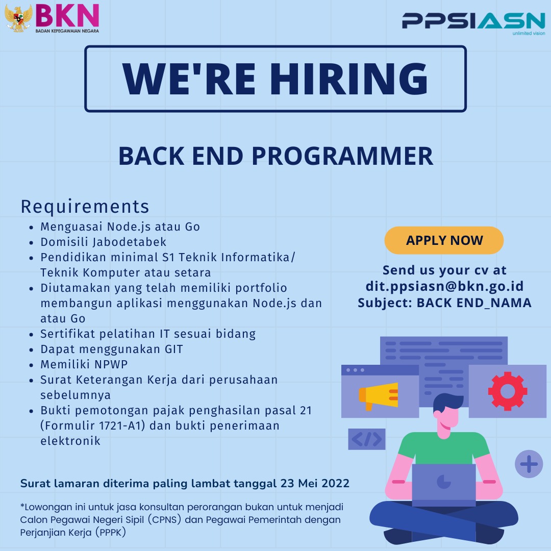 BKNgoid's tweet photo. Hai #SobatBKN lowongan jasa konsultan perorangan di Divisi IT BKN masih dibuka lho sampai tanggal 23 Mei 2022.

Nah masih ada kesempatan untuk apply lamaranmu. Bagi pelamar yg memenuhi kualifikasi akan diundang ke tahap interview. https://t.co/Z6jwKdosxE