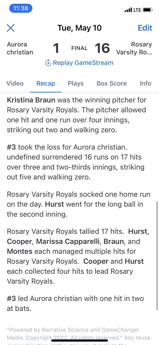 Royals - 16  Aurora Christian - 1:
Hurst 4 for 4 and 5 RBIs, with 2 doubles and her 8th home run of the season. Cooper 4 for 4 with 4 RBIs. Capparelli, Montes and Braun all with 2 hits apiece. Braun with the complete game, 1 hitter to pick up her 2nd win of the season.