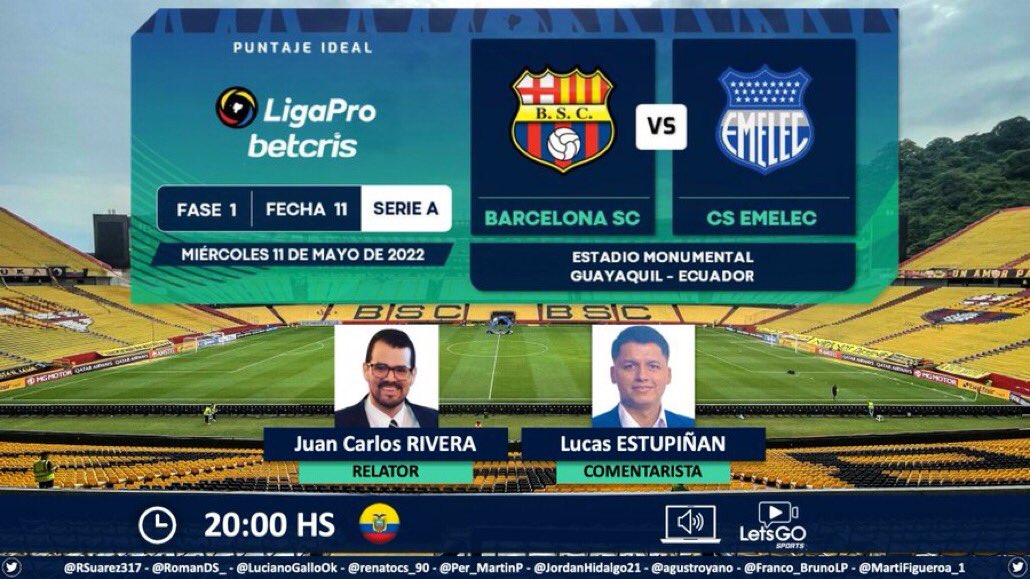 PuntajeIdealEC's tweet photo. ⚽ #LigaProBetcris 🇪🇨 | @BarcelonaSC vs. @CSEmelec
🎙 Relator: @RiveraJuanca 
🎙 Comentarista: @lucasestupinanc 
💻📱 YouYouTube @letsgosporttv 🔉🎧 (Formato Radio)
🤳 #ClásicoDelAstillero
Dale RT🔃 https://t.co/Ds33zmw5fB
