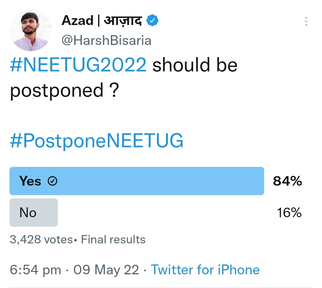 NUSA_NEETUG's tweet photo. In @nsui poll, 84% students want NEET UG to be postponed.

Respected @Neerajkundan ji @neuroayush ji @Nagesh_nsui6 ji is requested to do a mega twitter campaign for NEET-UG aspirants as you did for JEE aspirants.

#PostponeNEETUG2022 
#RescheduleNEETUG2022
#PostponeNEETUG https://t.co/aeThGoPEEx