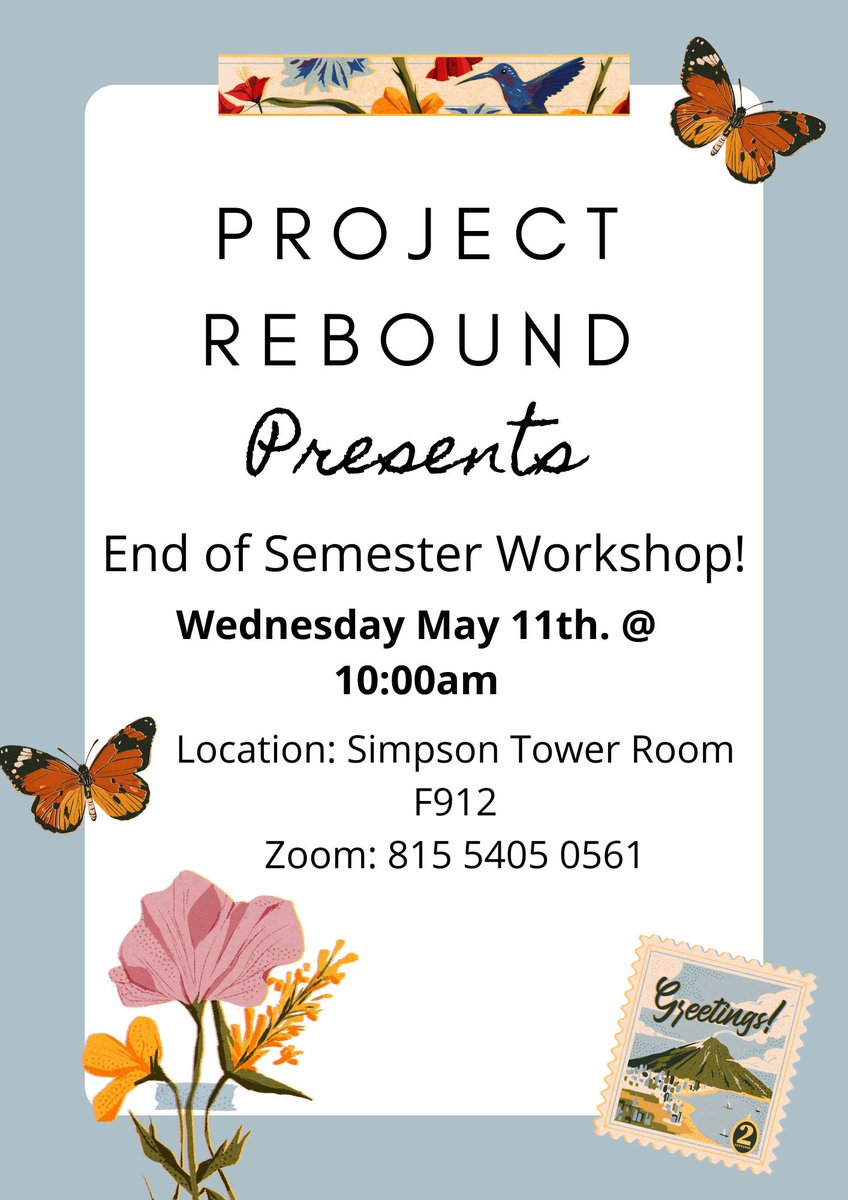 Hey Hey Hey Project Rebound Family please check out our End of The Semester Workshop for Tomorrow at Simpson Tower at 10AM !
Also will have a simultaneous zoom as well!
Zoom Meeting: 81554050561
