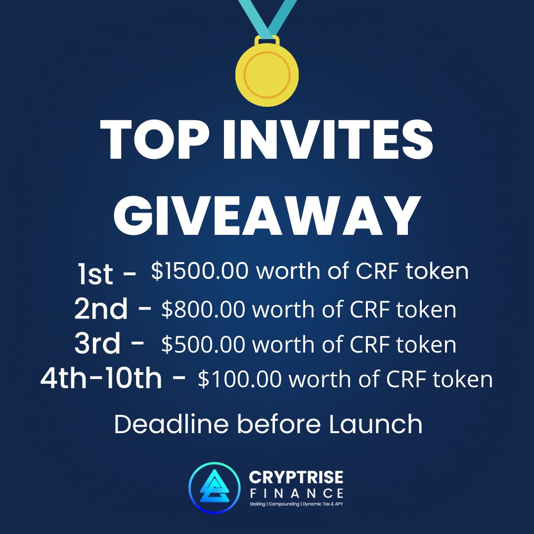 cryptrise's tweet photo. Hi @cryptrise Fam, everyone can still join in our top invites giveaway. We are extending it until our launch date. 

Join in our Official discord server for more info about the upcoming launch.
https://t.co/fIe72yINNZ
 🔥🔥

#cryptocurrency  #KYC  #autostaking  #AutoCompounding https://t.co/OBFXWNGFo6