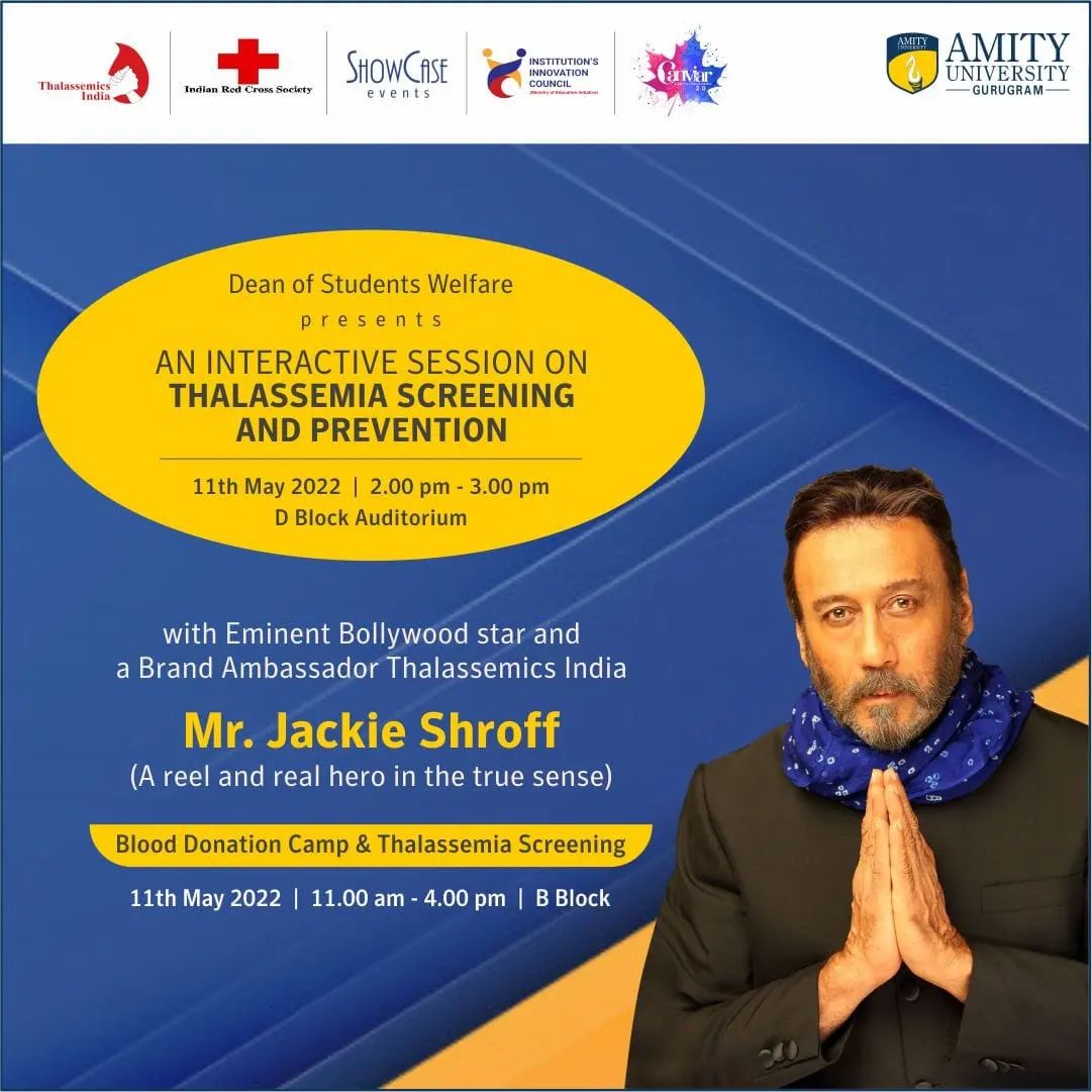 events_showcase's tweet photo. HAPPENING TODAY.🌻

Blood donation camp &amp; Thalassemia screening at Amity university with Thalassemics India ambassador: Jackie Shroff

#awareness #thalassemia #camp #thalassemiaawareness #indianmovement #india #worldthalassemiaday #ngo #showcaseevents #hybridevents #musicfestival https://t.co/oxDNJn6eLV