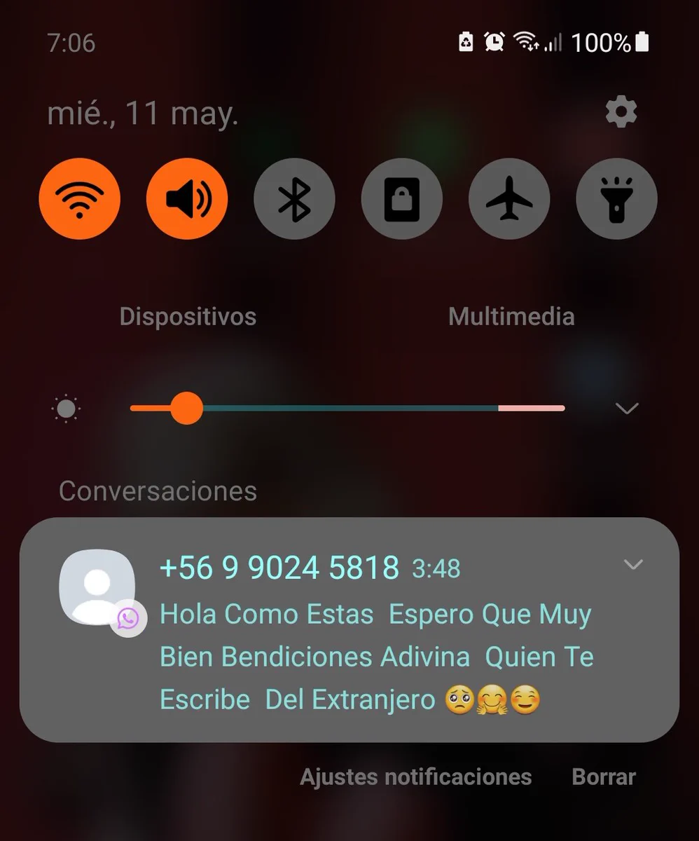 Mensaje de WhatsApp que dice: Hola cómo estás espero que muy bien bendiciones adivina quién te escribe desde el extranjero.