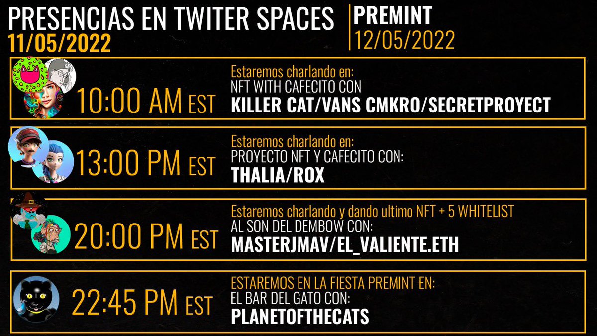 TheImmigrantCol's tweet photo. Hola👋te invitamos a que nos acompañes a alguno de los espacios que estaremos mañana,antes del lanzamiento de nuestro premint🙈🚀

Hey! 👋 we invite you to join us on some of the spaces where we will be tomorrow, before the lauch of our premint 🙈🔥🚀
#NFTCommunity #NFT #NFTs https://t.co/nZ7kMjFXug