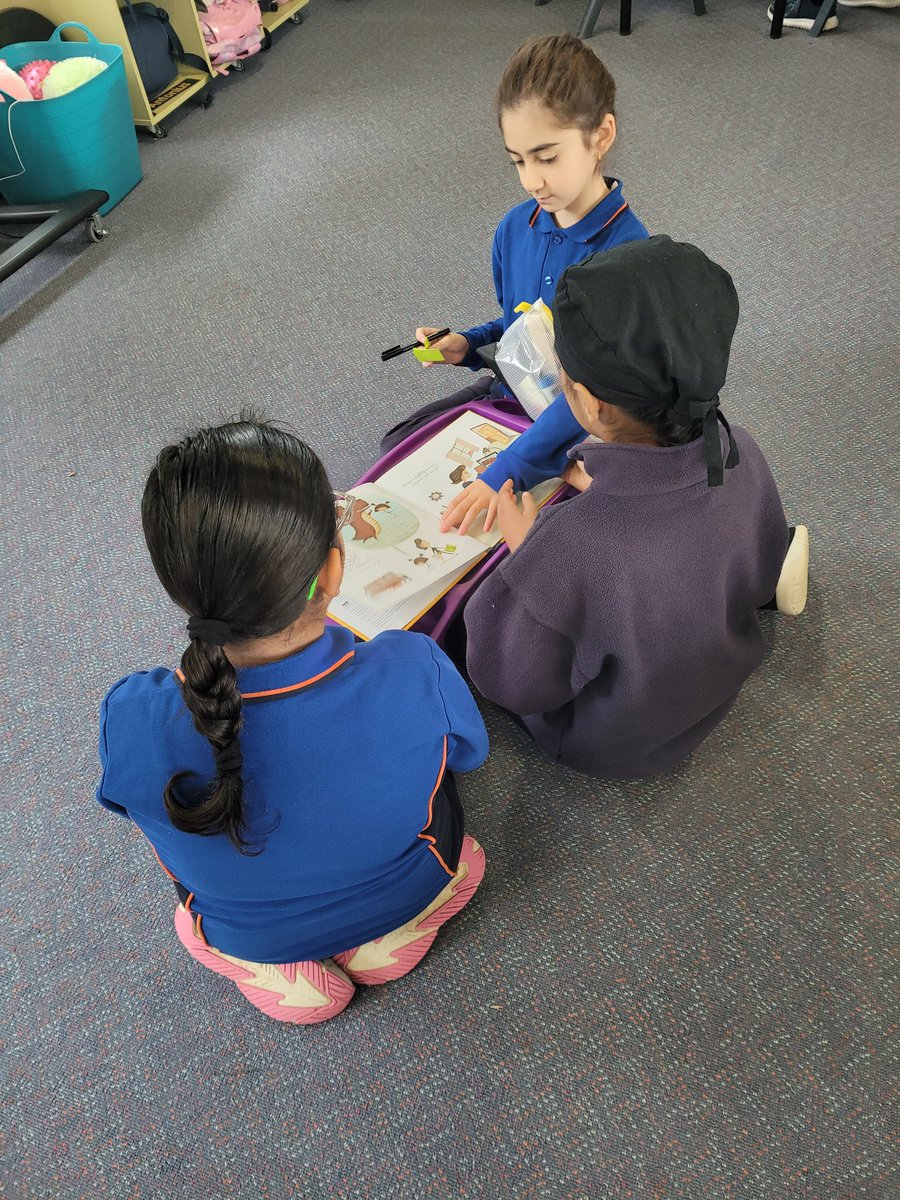 MissKeath's tweet photo. 3A students buddy ready and using the Somebody, Wanted, But, So, Then framework to orally summarise their book. We used sticky notes to mark the pages where each part happened making it easier to summarise. 📚 @AitkenCreekPS @MissGraue https://t.co/AyMco2hxOG