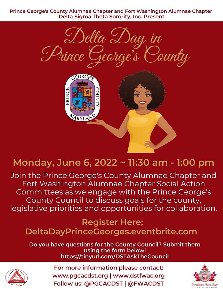 In partnership with <a href="/FWACDST/">DST-FWAC</a>, we present "Delta Day in Prince George's County" on June 6. Join us for a discussion with the Prince George's County Council regarding goals &amp; areas of collaboration. This event is free and open to the public. 

Register: deltadayprincegeorges.eventbrite.com