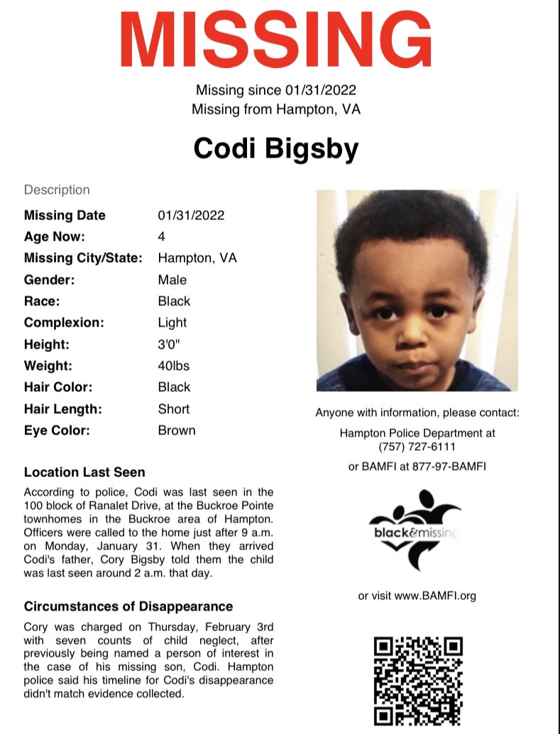 BAM_FI's tweet photo. #Hampton, VA: The search continues: 4y/o Codi Bigsby now missing for 100 days.
#HelpUsFindCodi #CodiBigsby https://t.co/YLSSjeg2it
