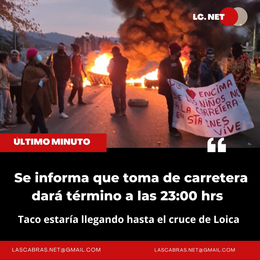 🔴 SE CONFIRMA QUE TOMA DE CARRETERA DARÁ TÉRMINO A LAS 23:00 HRS, hasta el momento solo están dejando transitar buses escolares, ambulancia, personas enfermas y emergencias. 
#Barricadas #Precaución #LasCabras #elmanzano #santaines #regiondeohiggins