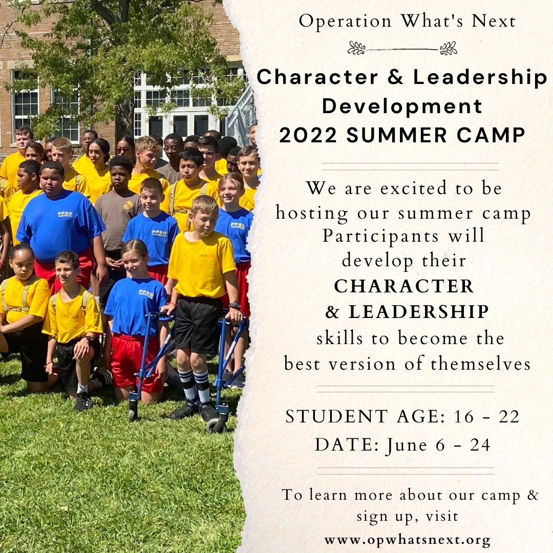opwhatsnext's tweet photo. O.W.N SUMMER CAMP 2022 ✨ We are excited to be hosting our O.W.N  camp! Students will learn more about themselves, their character &amp; their leadership skills at our camp. 
.
For more information visit https://t.co/98midkzPpH 🌱
.
#ownyourlife https://t.co/K2g8LFtVUz