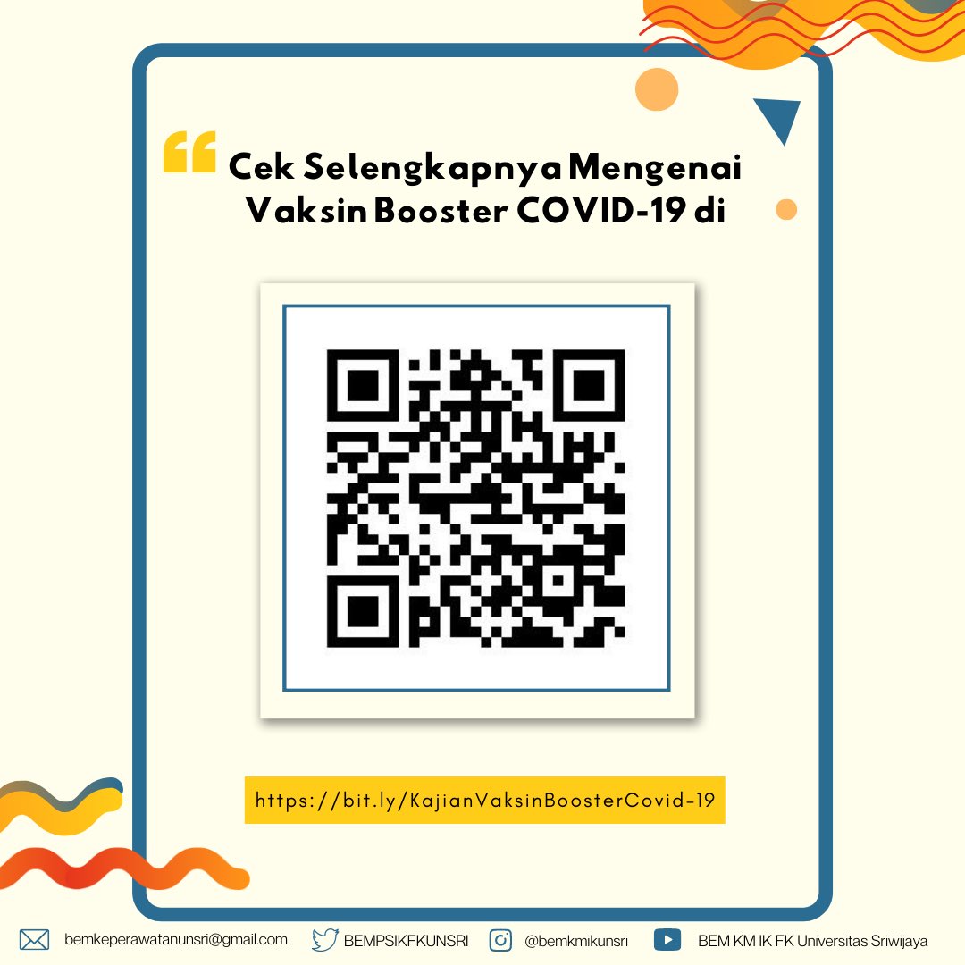 [VAKSIN BOOSTER COVID-19]
Yuk kenali lebih dalam!
Cek selengkapnya terkait vaksin booster Covid-19 melalui barcode yang tersedia atau melalui bit.ly/KajianVaksinBo…
_
Dinas Kajian Strategi dan Advokasi
BEM KM IK FK Unsri 2022
#KASTRAD 
#KabinetVarsena
#SatuMimpiSatuTujuan