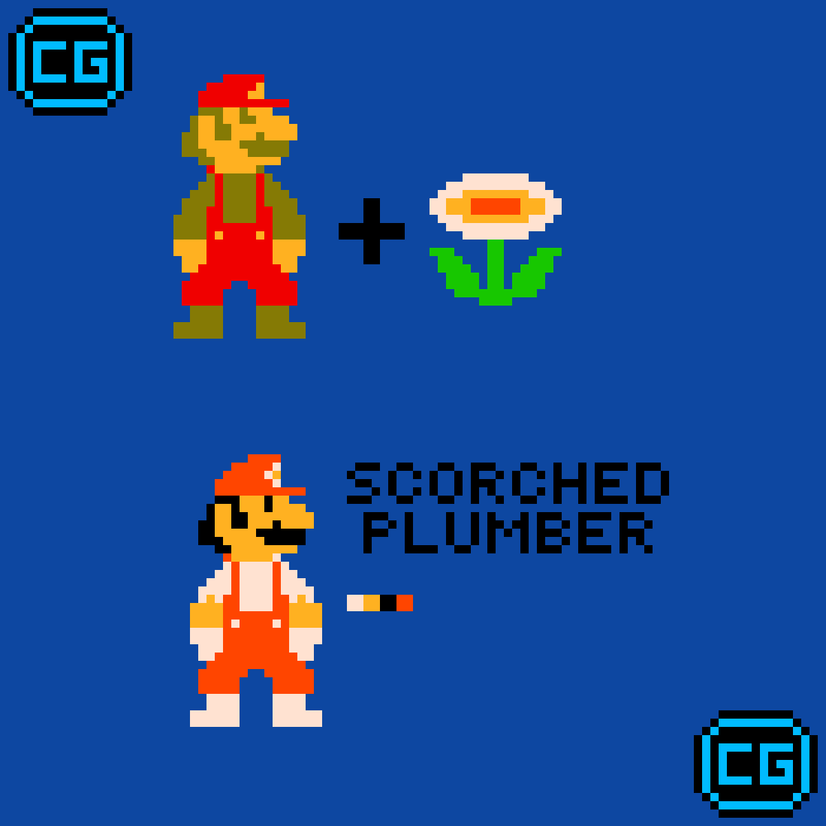 Here's my Minus World OC who is Scorched Plumber, which is basically Mario and a Fire Flower.  He usually throws fireballs just like in the Mario Games, but he can form bigger ones to toss at his enemies. (read more info in the comments) #MinusWorldOC #mario #pixelart #minusworld