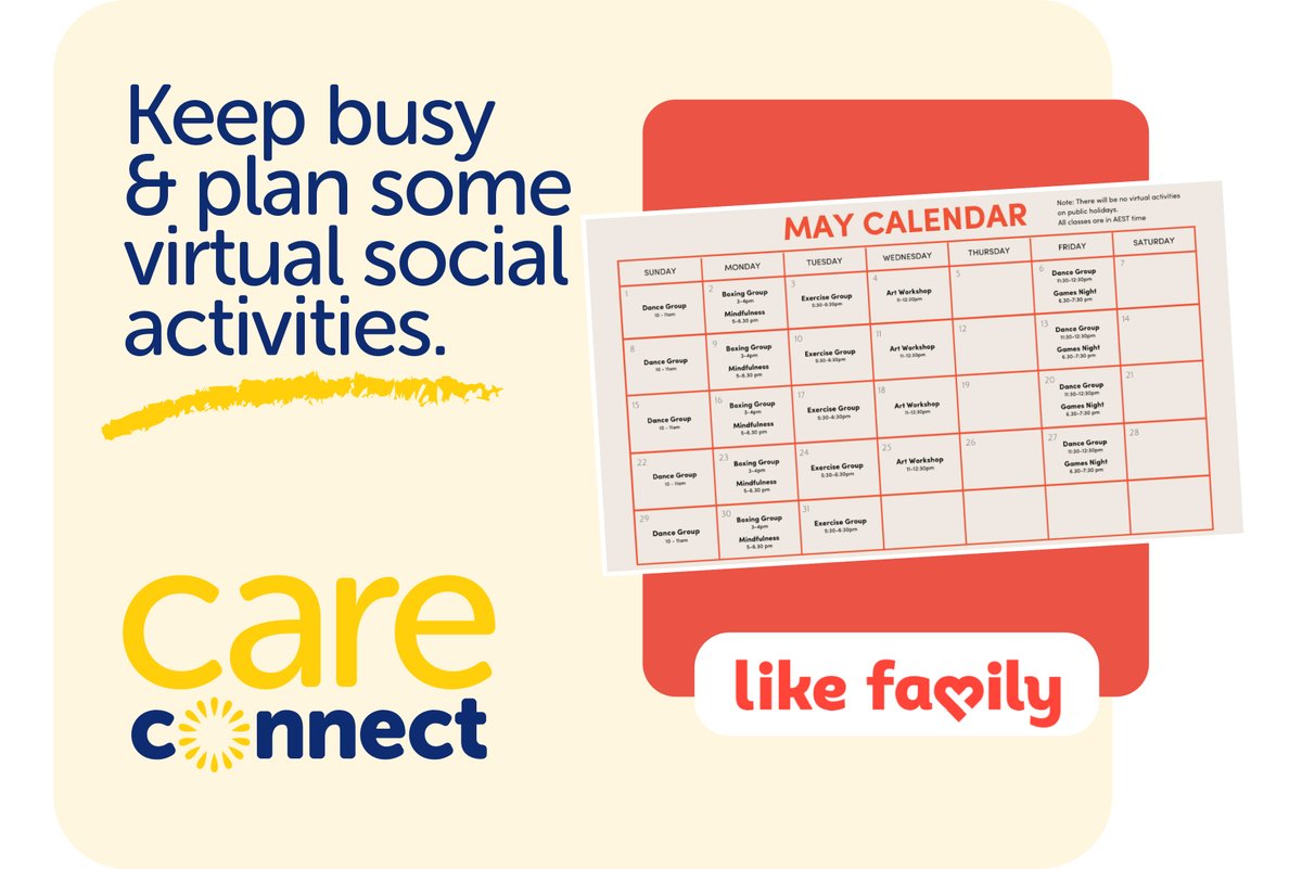 Enjoying social activities is essential for our well-being. Care Connect would like to introduce you to Like Family, which runs virtual group activities like dancing, art workshops and mindfulness for seniors. For info, call Care Connect at:
1300 866 228.
hubs.la/Q019NW0X0