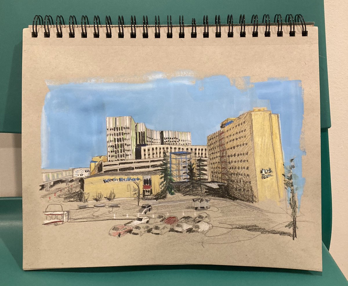 gobstopperX's tweet photo. Looking North at North Tower with the new #yyc Cancer Centre in the background. Enjoying Pencil Crayons and Gouache.   #contemporaryart
#artistsoninstagram
#urbanpainting
#cityinprogress #localartist #canadianartist #contemporaryart #urbanlandscapepainting
#landscapepaintingnow https://t.co/XtDYoTbNqY