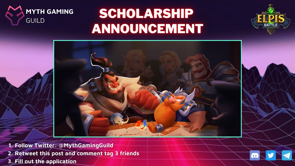 MythGamingGuild's tweet photo. 🚨2 SCHOLARSHIP SLOTS AVAILABLE🚨

Myth Gaming Guild is once again accepting 
@ElpisBattle Scholars!

How to enter:

1. Follow us @MythGamingGuild 
2. Join Discord: https://t.co/TK6XuHbmTI
3. Like, RT + Comment tag 3 friends on this post 
4. Fill this out: https://t.co/fxozfr1NgA https://t.co/VkZFg7XfoM