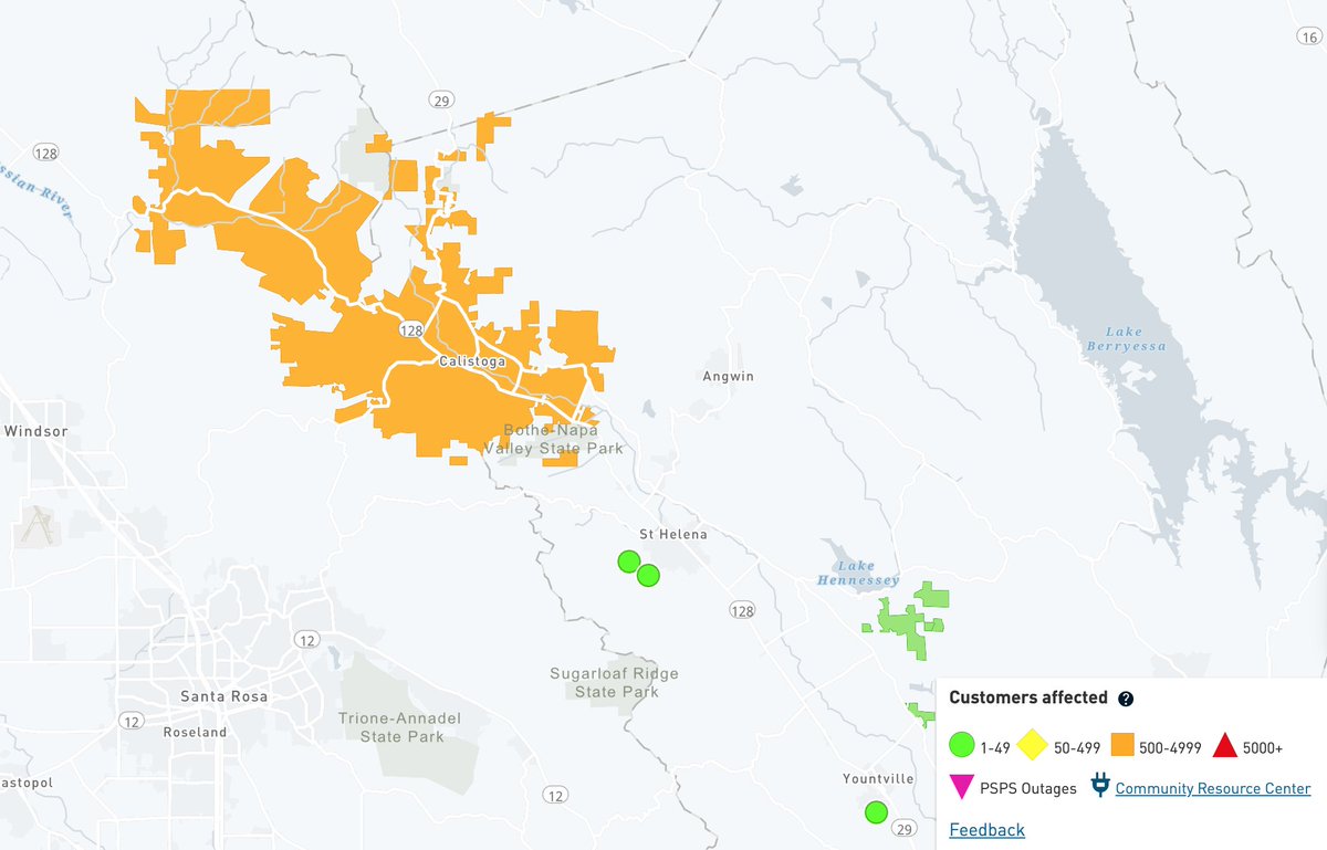RobMayeda's tweet photo. Power out in an area seeing some of the most hail, thunder and locally gusty wind this afternoon...outages shown here on the @PGE4Me map over the Calistoga area. #CAwx https://t.co/VVul5PIS91 https://t.co/NZrG3sUuUh