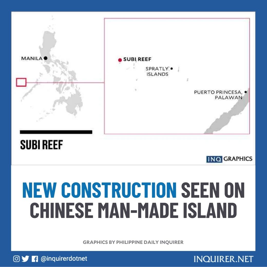 inquirerdotnet's tweet photo. China appeared to be doing new construction work on the artificial island it had built on Zamora (Subi) Reef in the West Philippine Sea over the last four months, according to US geospatial company Simularity.

READ: https://t.co/lg2Q89U6NU https://t.co/7jtl3Ztu8S