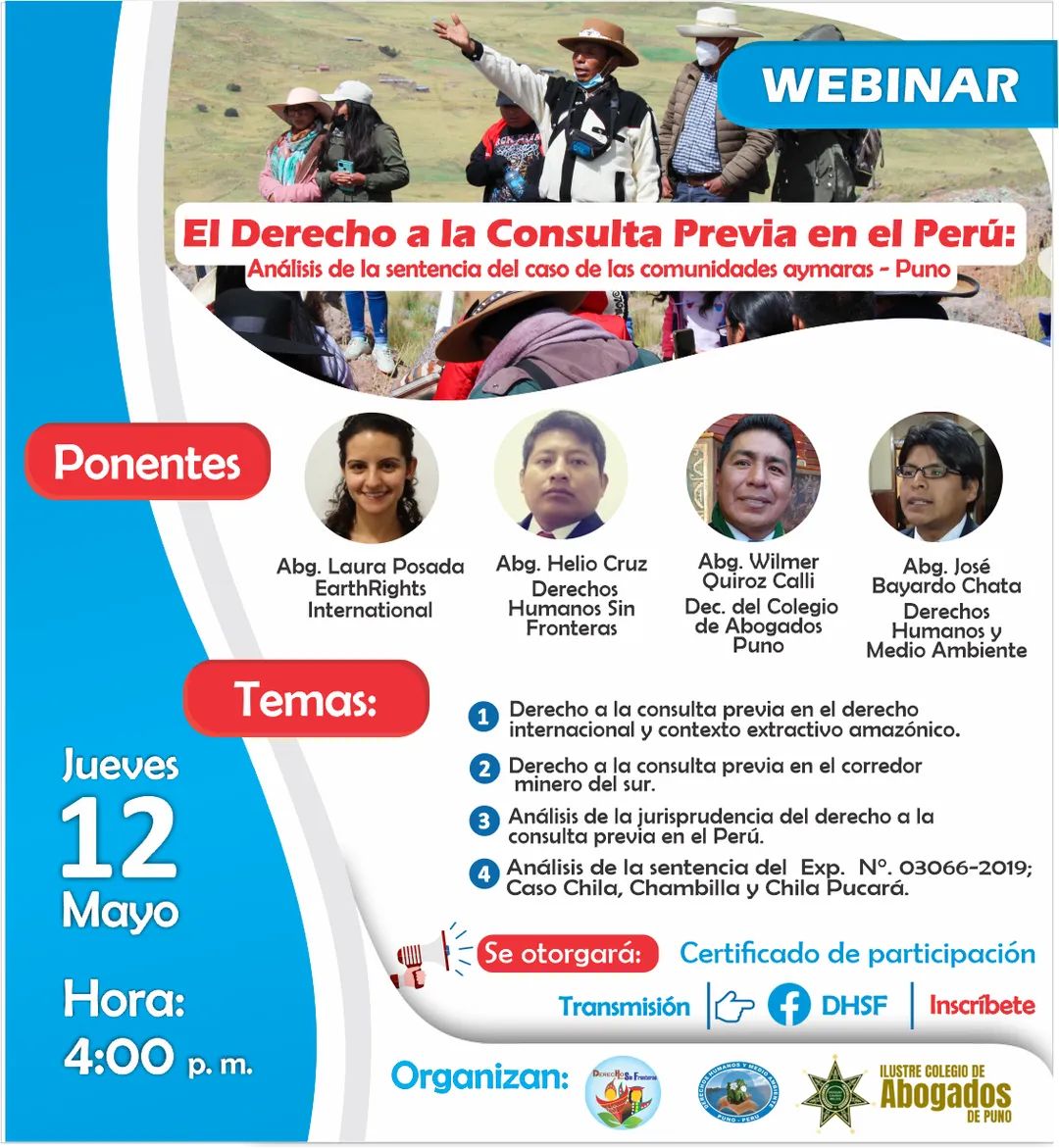 dhsfcusco's tweet photo. #DerechoALaConsultaPrevia
🗒 ¡A 2 días! del Webinar “El Derecho a la Consulta Previa en el Perú”: Análisis de la sentencia del caso de las #ComunidadesAimaras – #Puno. Recuerda aún puedes inscribirte:
📆Fecha: Jueves 12 de mayo
🕐Hora: 4:oo p. m.
🚩Plataforma: Facebook DHSF https://t.co/JoiOqLkjoV