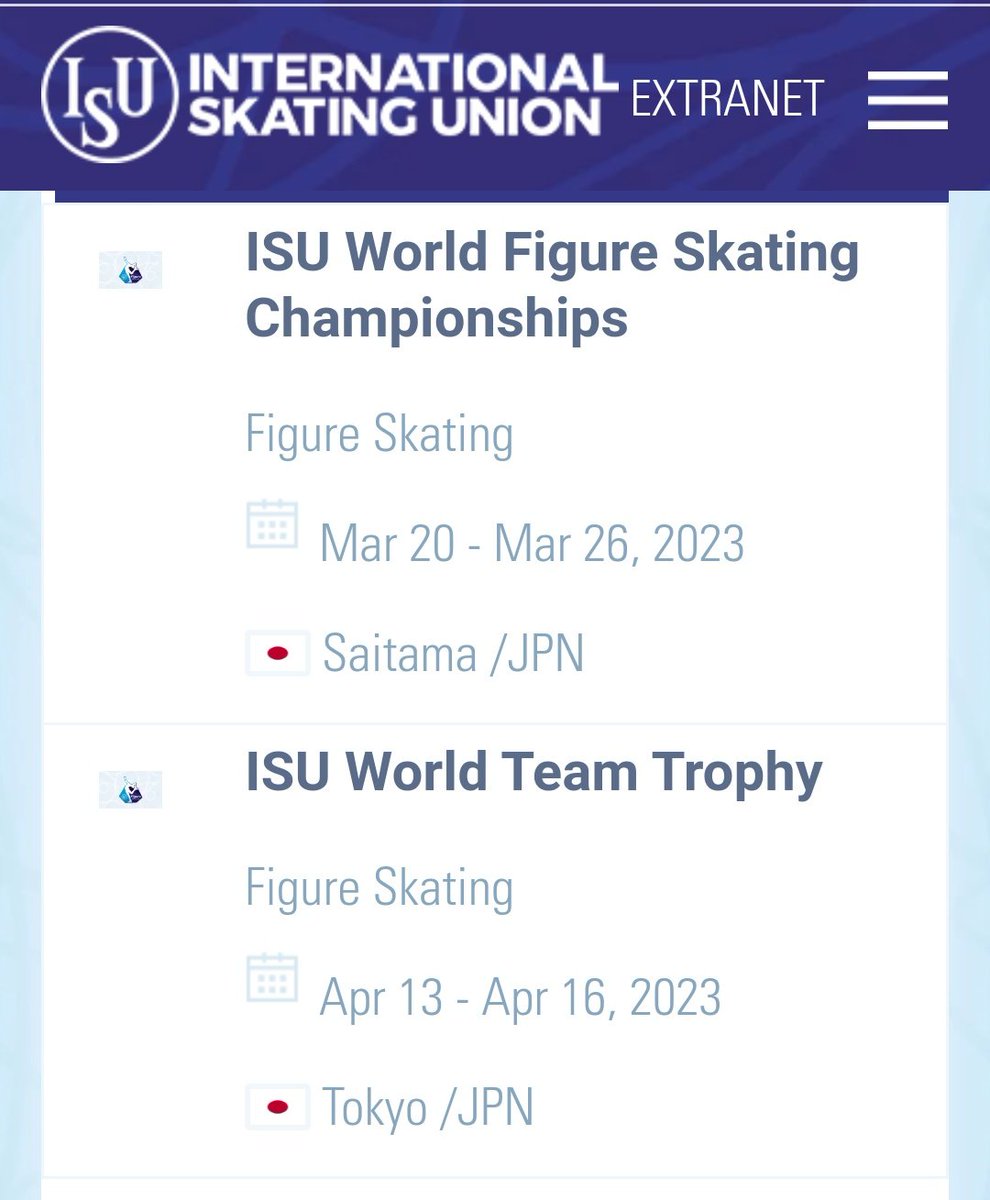 wa_chun14's tweet photo. https://t.co/GoUjSde96r
2023年は
ワールドが埼玉で 3/20-26
国別が東京で 4/13-16

ISU World Figure Skating Championships
Figure Skating
Mar 20 - Mar 26, 2023
Saitama /JPN

ISU World Team Trophy
Figure Skating
Apr 13 - Apr 16, 2023
Tokyo /JPN https://t.co/HheYAwmb4Y