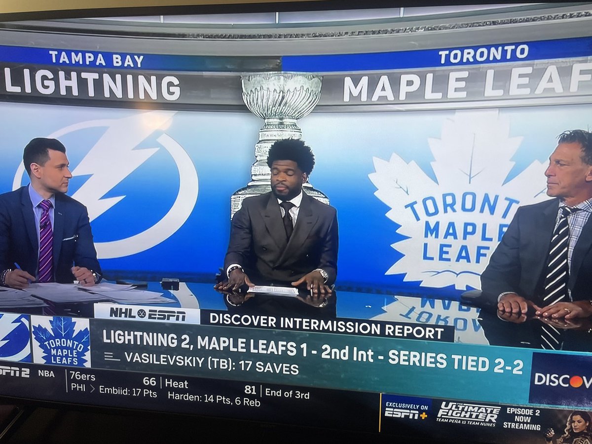 ShayRonen's tweet photo. @Arda congrats buddy!! Watching the Leafs game from NYC and there’s Arda Ocal on my TV with Chris Chelios and P.K. Subban. Great coverage! https://t.co/3cK3pGr5VT
