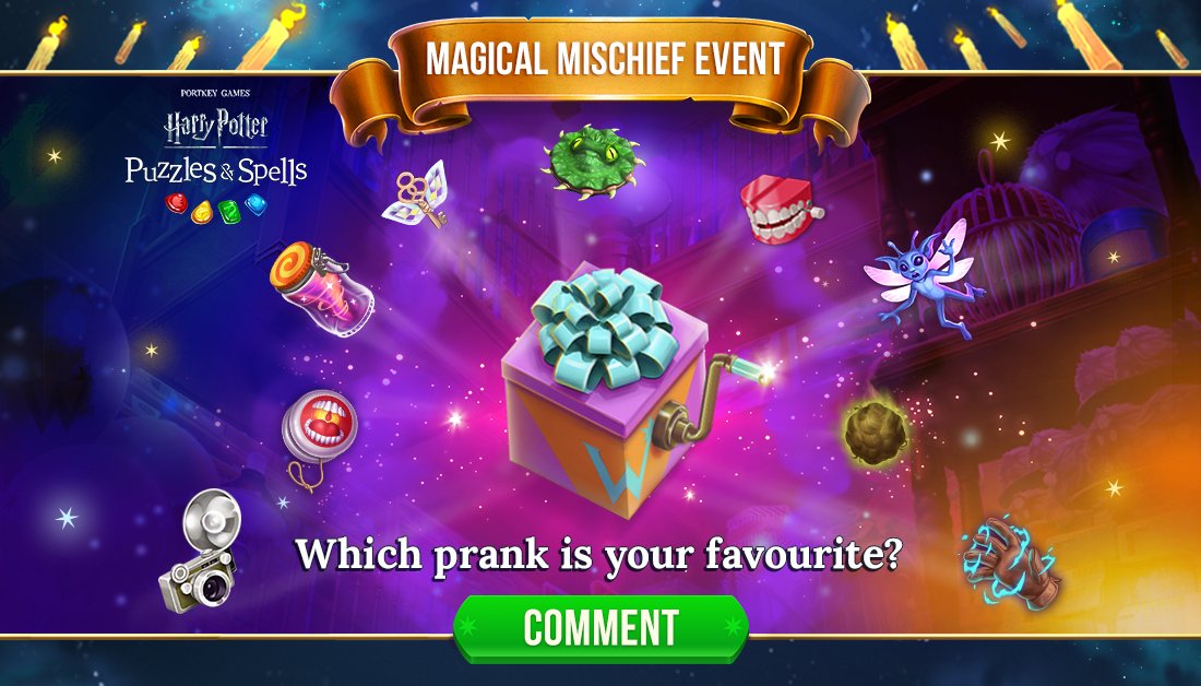 HPPuzzlesSpells's tweet photo. Fanged Flyer! Chattering Teeth! Weather In A Bottle!
Of all of the Prank Boxes you’ve sent, which is your favourite prank to send to Rival Clubs in your League?
Prank #RivalClubs NOW ➡️ https://t.co/d9Mfw5M7o5
#HarryPotter #PuzzlesAndSpells #Match3 #PrankBox https://t.co/4jpwNM2PgT