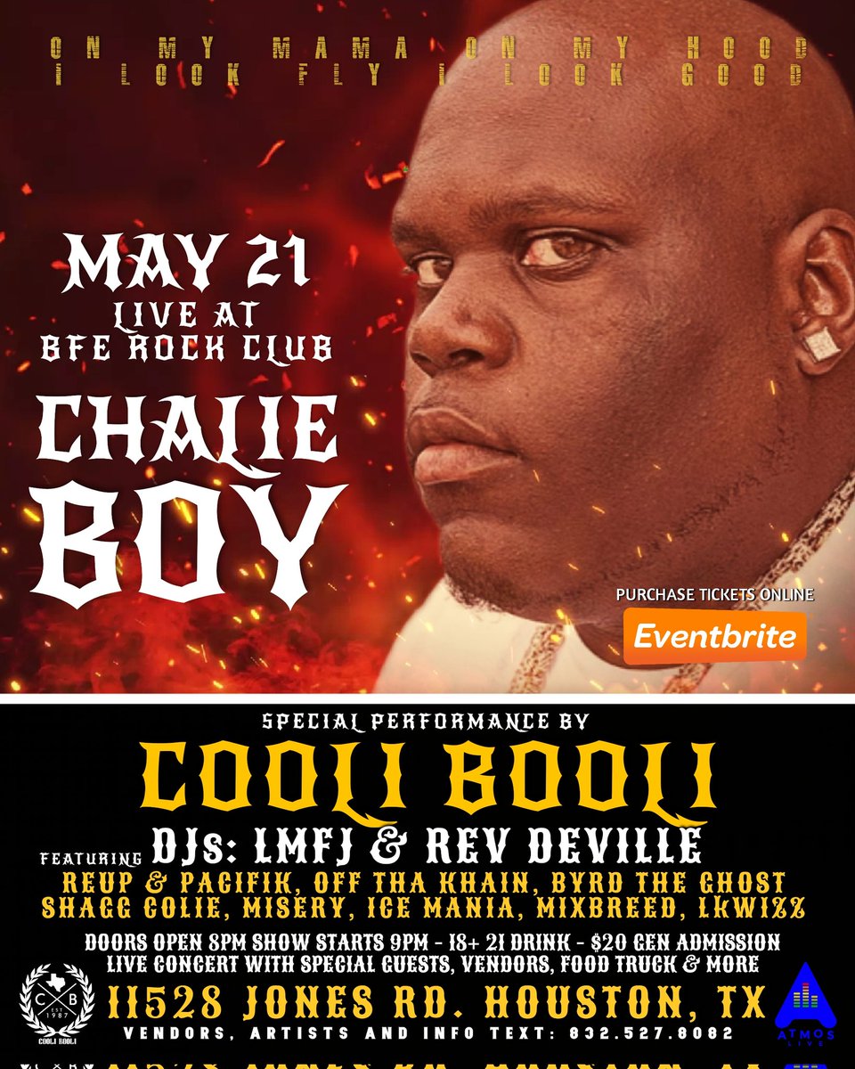 itscoolibooli's tweet image. May 21 Houston!!!! The Texas Legend Chalie Boy Live with Your Boy Cooli &amp;amp; some of the Hottest Talent from around the Country! Festival Vibes to Start Your Summer off right! 🥳
tickets: eventbrite.com/e/chalie-boy-l…