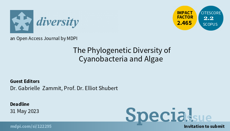 DiversityMDPI's tweet photo. #CallforPaper🥳
Welcome to submit to this new interesting Special Issue "The Phylogenetic Diversity of #Cyanobacteria and #Algae" edited by Dr. Gabrielle Zammit and Prof. Dr. Elliot Shubert

https://t.co/6s6TX9WsHI

#biodiversity #alage https://t.co/YTBtq0YkFV