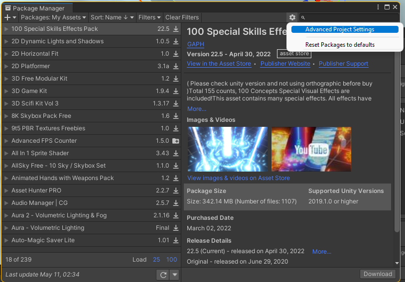badoomtch's tweet photo. @andrewpprice Preview packages? Open the package manager, go to the settings icon and click "advanced project settings" and then tick "enable preview packages" from there. https://t.co/du3g1F8FZG