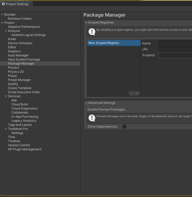 badoomtch's tweet photo. @andrewpprice Preview packages? Open the package manager, go to the settings icon and click "advanced project settings" and then tick "enable preview packages" from there. https://t.co/du3g1F8FZG