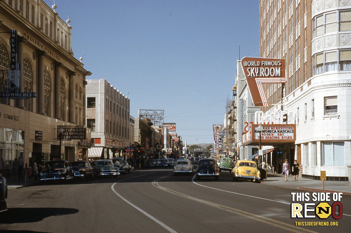 Virginia Street looking North with the Masonic Temple on the left and the <a href="/mapeshotel/">Mapes Hotel & Casino</a> on the right (<a href="/HagenSandoval/">Hagen Sandoval</a> Collection; Kodachrome Slide) #thissideofreno