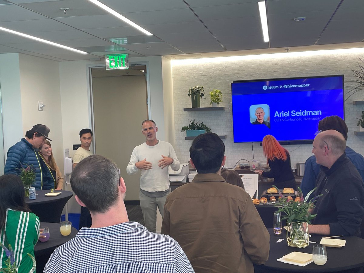 Hivemapper's tweet photo. "We put the tools to create maps into the hands of everyday people, while incentivizing them for their part in the process. It's the people that create the maps of the cities they live." - @aseidman, CEO / Co-founder of @Hivemapper at tonight's @helium x @Hivemapper Happy Hour. https://t.co/rAmCJZL2bA