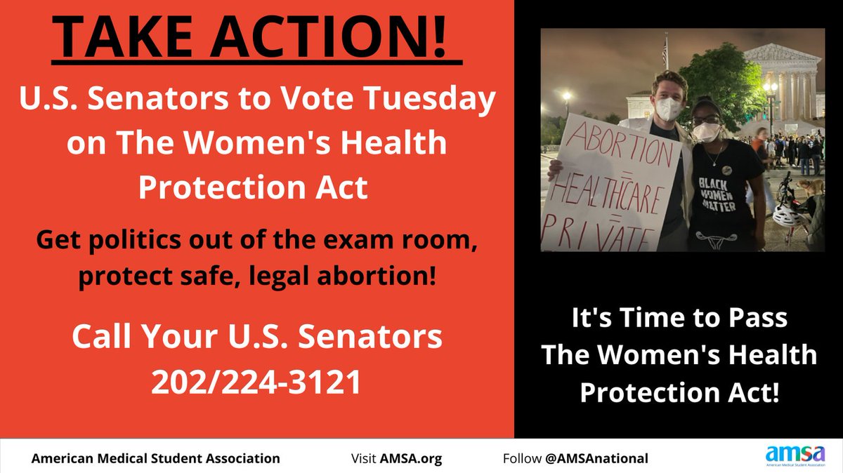 Your voice makes a difference! Call your U.S. Senators 202-224-3121
Pass The Women’s Health Protection Act now! Don’t delay, vm can be left 24/7
go.amsa.org/protectabortion
#AMSApower #AbortionIsHealthcare #BanOffOurBodies #CodifyRoe #PassWHPA #RoeWave #MedTwitter