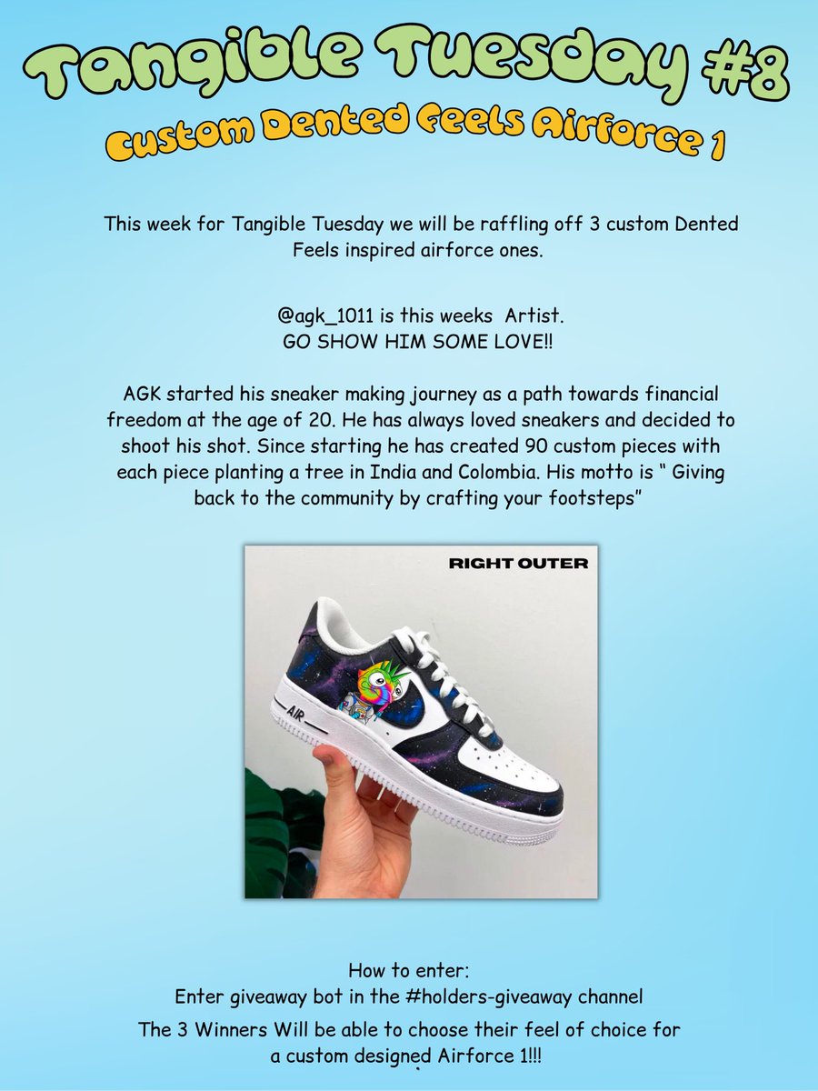 DentedFeelsNFT's tweet image. 🔮Tangible Tuesdays #8🔮

This week, @agk_1011 is our tangible Tuesday’s artist. 

He will be making custom airforce ones from your Dented Feel design. 

More info below 👇👇👇