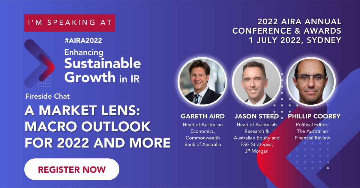 AIRA (@airaofficial) on Twitter photo Do you want to learn how the current state of the economy impacts listed entities in Australia?
Join our #AIRA2022 Fireside Chat with Gareth Aird, Jason Steed and <a href="/PhillipCoorey/">Phillip Coorey</a> - "A Market Lens – Macro Outlook For 2022 and More".
Register now at bit.ly/AIRA2022. Do you want to learn how the current state of the economy impacts listed entities in Australia?
Join our #AIRA2022 Fireside Chat with Gareth Aird, Jason Steed and <a href="/PhillipCoorey/">Phillip Coorey</a> - "A Market Lens – Macro Outlook For 2022 and More".
Register now at bit.ly/AIRA2022.