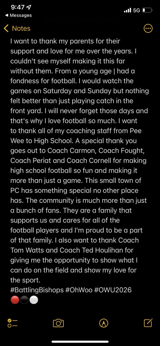Coltyarbrough's tweet photo. Adding some info that didn't attach to my pinned tweet Commitment Announcement to Ohio Wesleyan University earlier today.  Wanted to say thank you to all those who have helped me along the way over the years! Ready to go to work! 🏈⚫️🔴#OWU2026 #BattlingBishops https://t.co/Aun6ocewc5