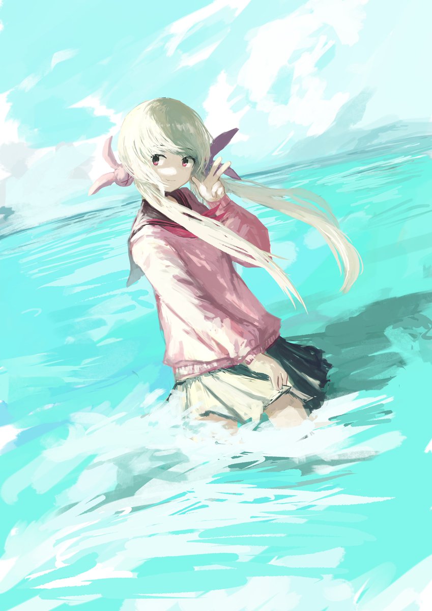 natori sana 1girl solo skirt twintails long hair pink sweater wading  illustration images