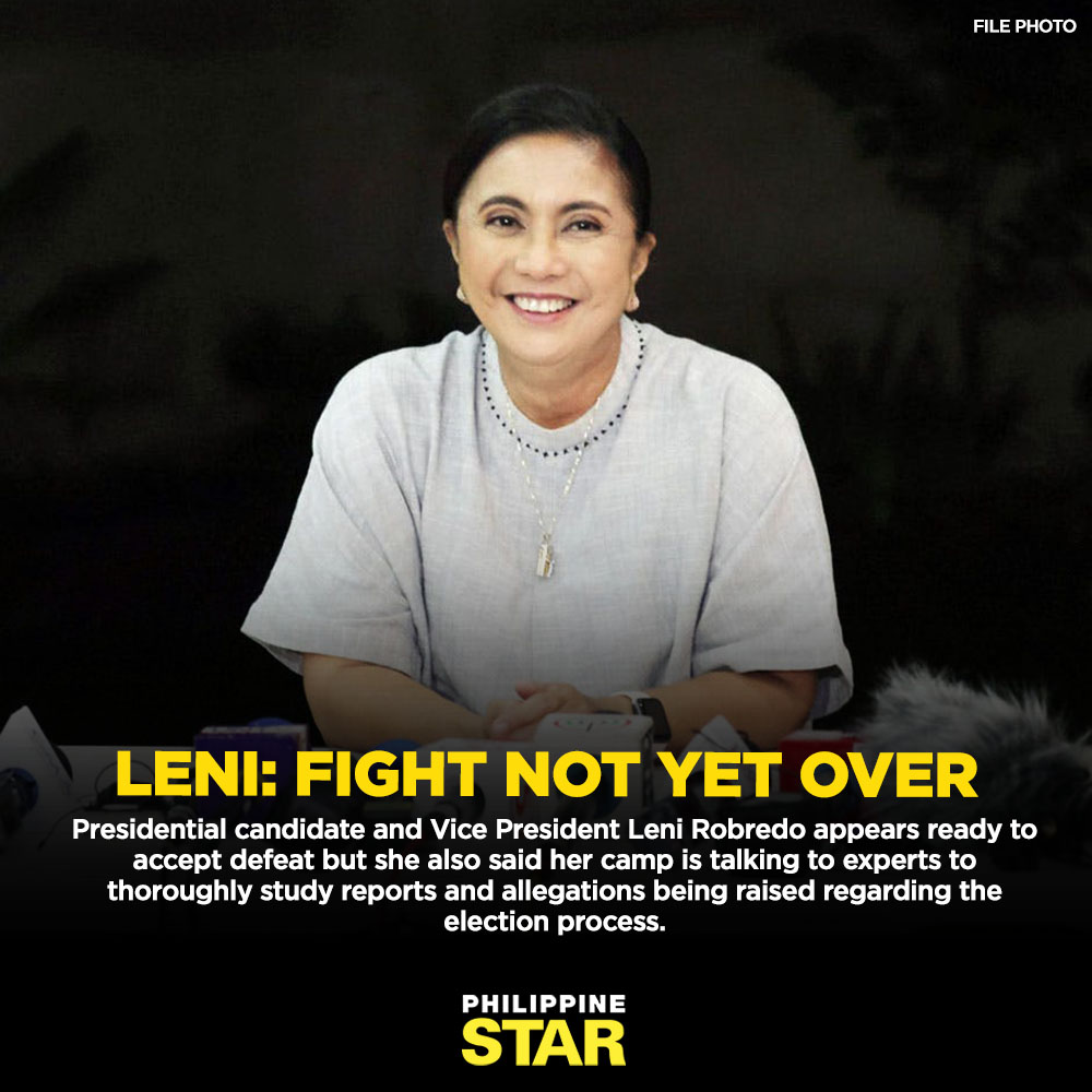 PhilippineStar's tweet photo. She’s not conceding yet, but presidential candidate and Vice President Leni Robredo has urged her supporters to respect the voice of the people. https://t.co/tRBLGw4IuA https://t.co/EWOji9RZgY