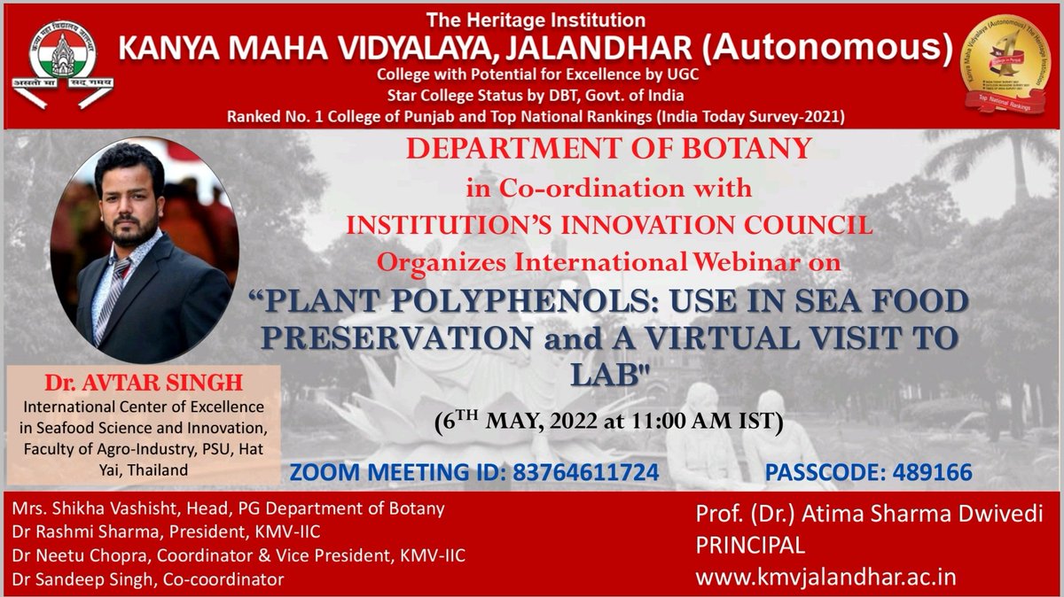 kmviic's tweet photo. KMV IIC in collaboration with Department of Botany organised International Webinar on "Plant Polyphenols: Use in Sea Food Preservation and Virtual Visit to Lab" on May 6, 2022. @mhrd_innovation @abhayjere @EduMinOfIndia @DwivediAtima @rashmi_3a https://t.co/XM0nvWyS24