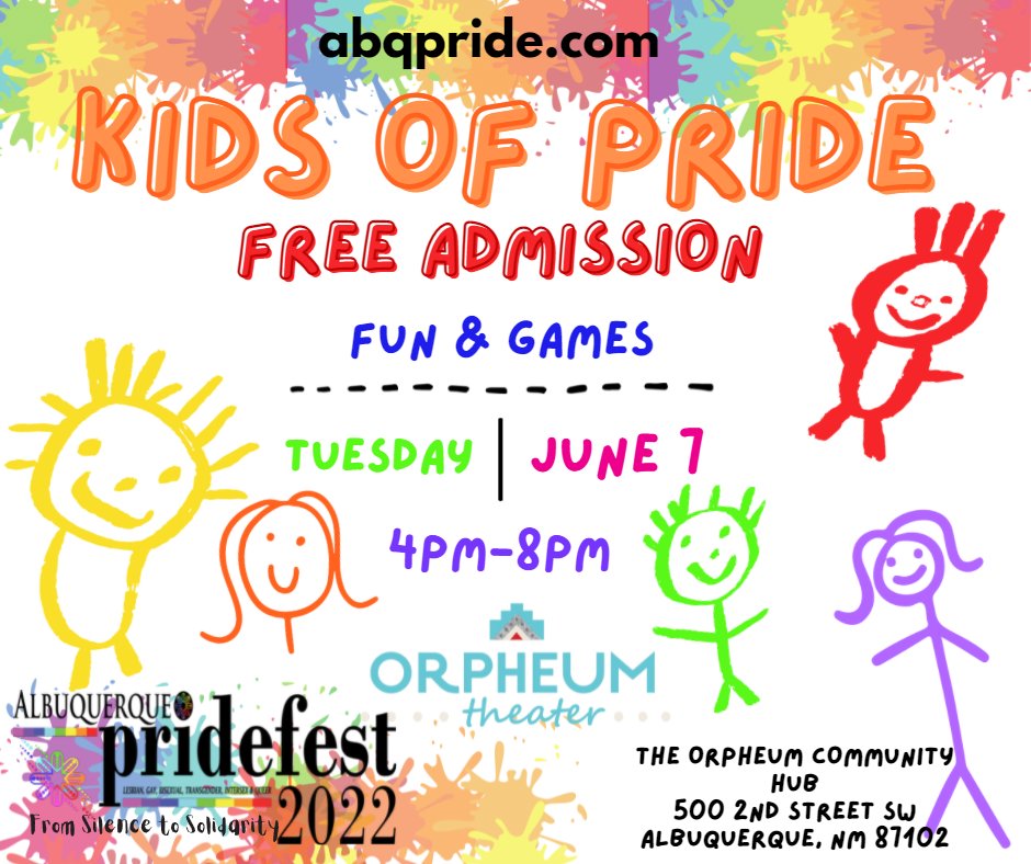 ABQ_Pride's tweet photo. Join us for our first annual Kids of Pride, June 7th 4pm at The Orpheum Community Hub. Free event
#Abqpride #theOrpheum #ABQ #kidsofpride https://t.co/EsMuKIravL
