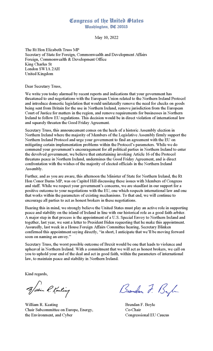 Congressman Bill Keating (@usrepkeating) on Twitter photo Tonight <a href="/RepBrendanBoyle/">Congressman Brendan Boyle</a> & I sent a letter to <a href="/trussliz/">Liz Truss</a> responding to reports that UK has threatened to end negotiations with EU related to Northern Ireland Protocol. This would undermine Good Friday Agreement & is in direct confrontation with wishes of majority of <a href="/niassembly/">Northern Ireland Assembly</a>. Tonight <a href="/RepBrendanBoyle/">Congressman Brendan Boyle</a> & I sent a letter to <a href="/trussliz/">Liz Truss</a> responding to reports that UK has threatened to end negotiations with EU related to Northern Ireland Protocol. This would undermine Good Friday Agreement & is in direct confrontation with wishes of majority of <a href="/niassembly/">Northern Ireland Assembly</a>.