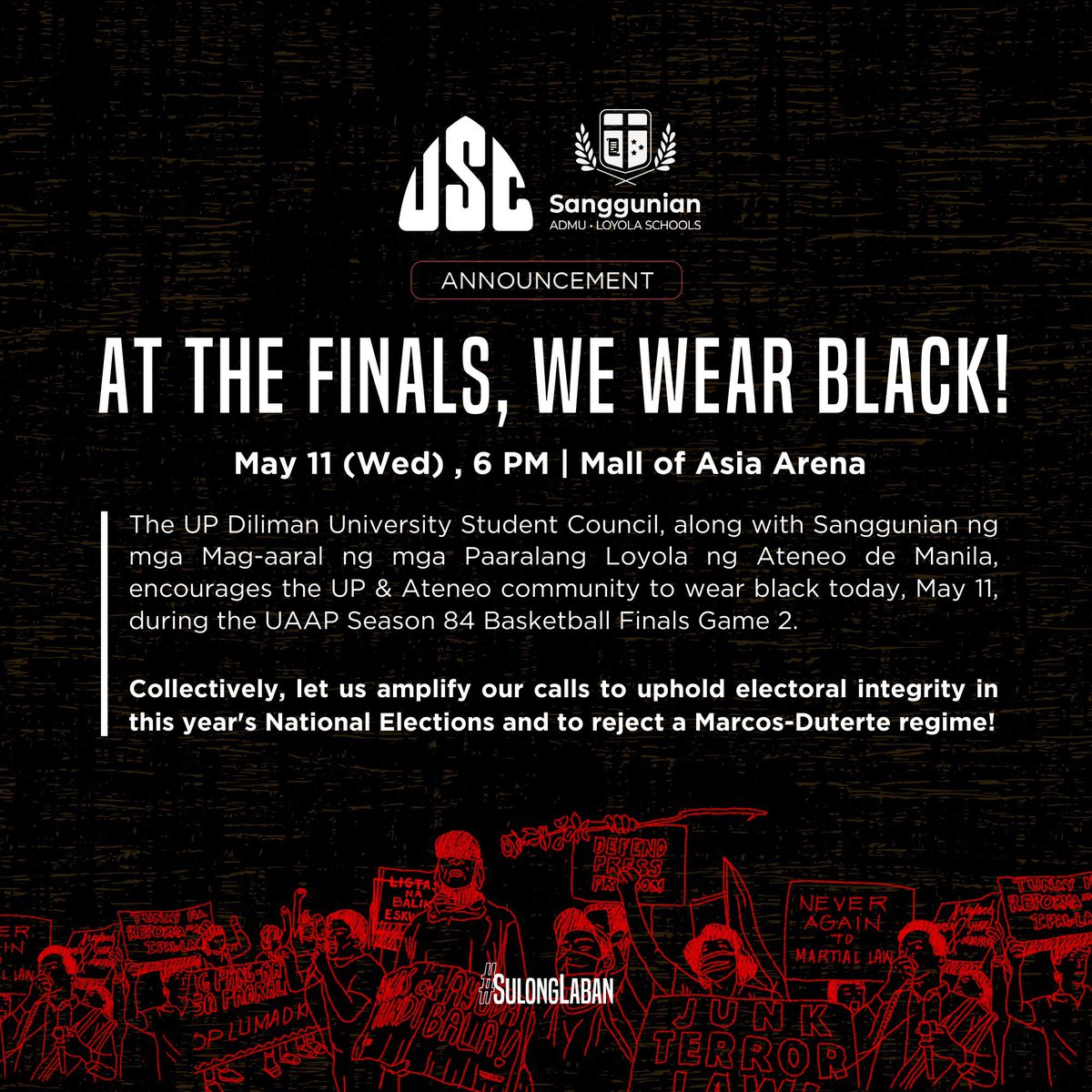 gelotintin's tweet photo. READ: UP Diliman University Student Council, together with Sanggunian ng mga Mag-aaral ng mga Paaralang Loyola ng Ateneo de Manila, issues an announcement encouraging audience of the UAAP Season 84 Basketball Finals to wear black. 

📷:@USCUPDiliman | @INQVolunteers #INQVolunteer https://t.co/3lyp6gSTbc
