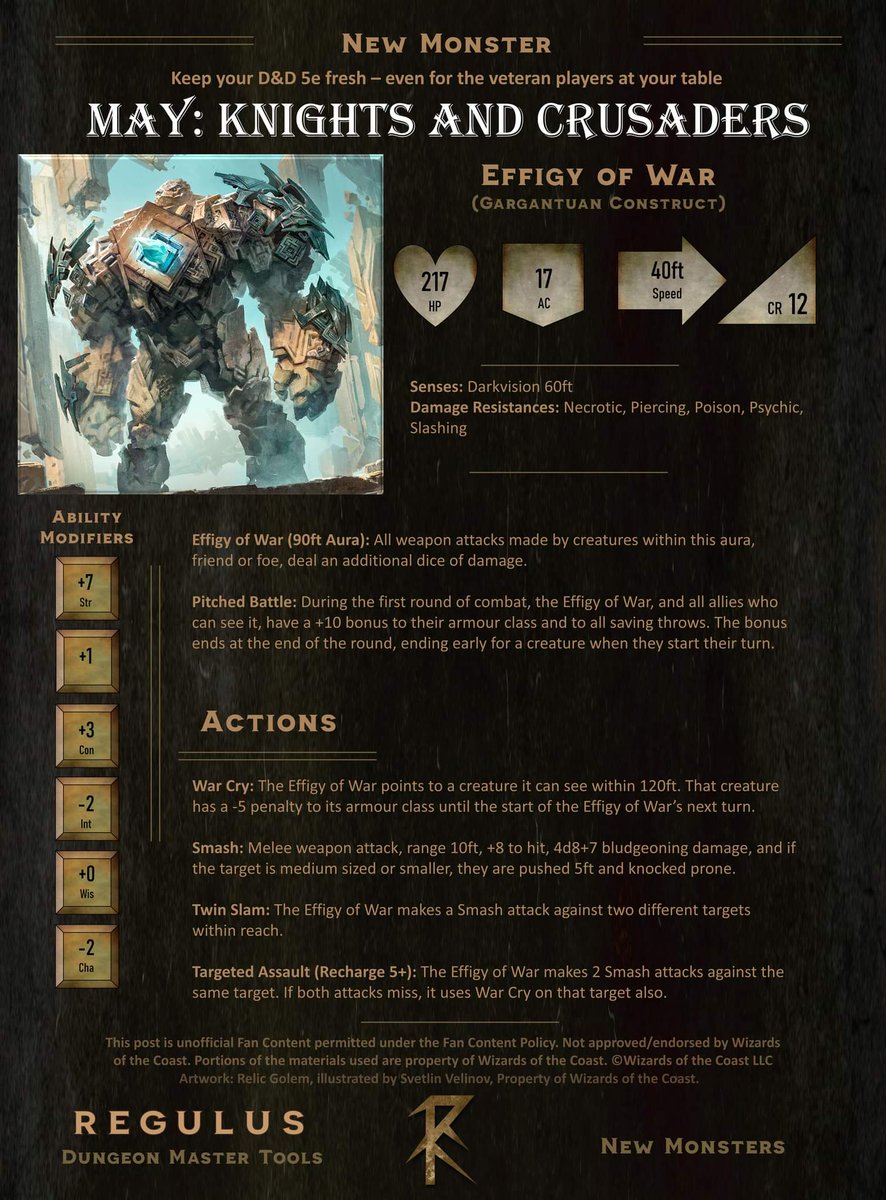 regulustweets's tweet photo. NEW MONSTER // Add this to your enemy roster, or use it as inspiration to build or tweak the perfect enemy for your table!
Change or modify as required. Enjoy!
#dnd #dnd5e #ttrpg #rpg #regulusabilities #dndmonsters #dndhomebrew #dungeonmaster #monsterstats #gamedesigner https://t.co/fvnEzc2zyH