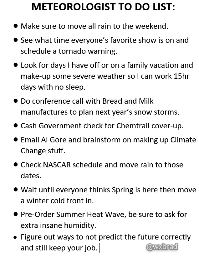 wxbrad's tweet photo. Spring to do lists for Meteorologists. 🤣😂 #wxtwitter https://t.co/iSvRWi7Icc