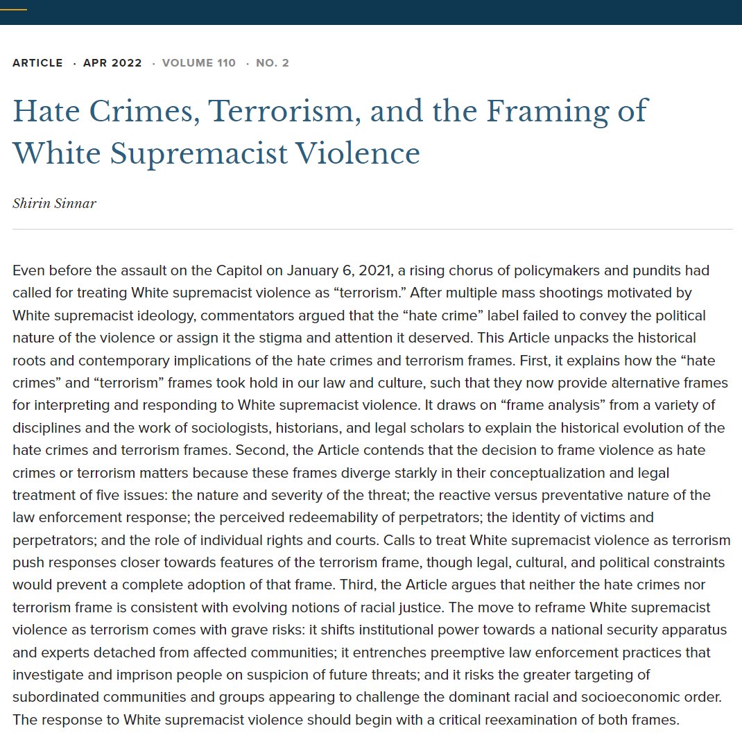 My new piece in <a href="/CalifLRev/">California Law Review</a> critiques how we frame and respond to white supremacist violence: californialawreview.org/print/hate-cri…