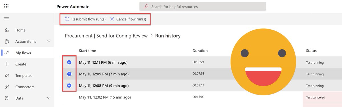 AmeyHolden's tweet photo. Oh my goshhh we can now cancel/resubmit more than one #PowerAutomate flow at once! https://t.co/7DJ1x1yBzT