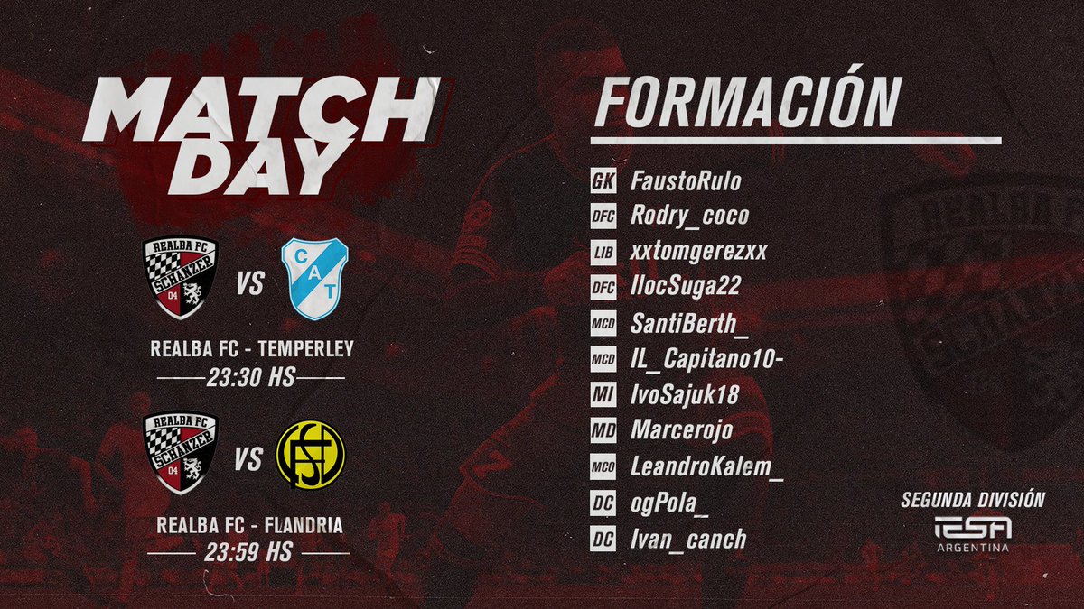 | #FIFA22 | Clubes Pro |
 Segunda División <a href="/IESAFIFAar/">IESA Argentina</a>

⚽ Convocados de la Jornada 
 
Correspondientes a las fechas 8 y 9 el rojinegro se enfrentará ante <a href="/TemperleyES/">Temperley eSports</a> y <a href="/FlandriaeSports/">Flandria eSports</a>

#VuelveRealba🖤❤️🖤