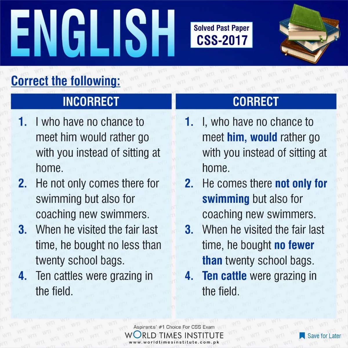 WTPublications's tweet photo. ~ Corrections (CSS-2017)
#css #Cssaspirants #cssaspirants2022 #corrections #pastpaper #css2017 #fpsc #upsc #ppsc #english #basic #learning #wti #worldtimesinstitute #JWTPublications #jwtmagazine #cssworld https://t.co/EaQWm4Io2Y