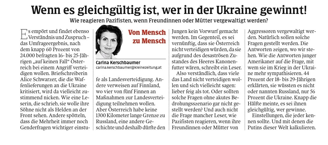 "Wie reagieren Pazifisten, wenn Freundinnen oder Mütter vergewaltigt werden."? <a href="/kleinezeitung/">Kleine Zeitung</a>