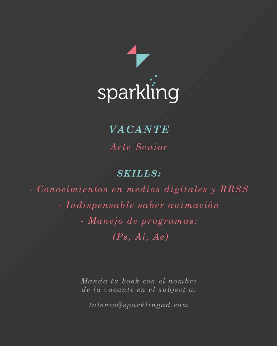 SparklingAd's tweet photo. Nueva búsqueda de talento en modelo híbrido. No dudes en mandar tu Book, y si no es tu perfil, nos puedes ayudar compartiendo la publicación. #vacantes #cv #publicidad #agencia https://t.co/DUr4p6cKYA